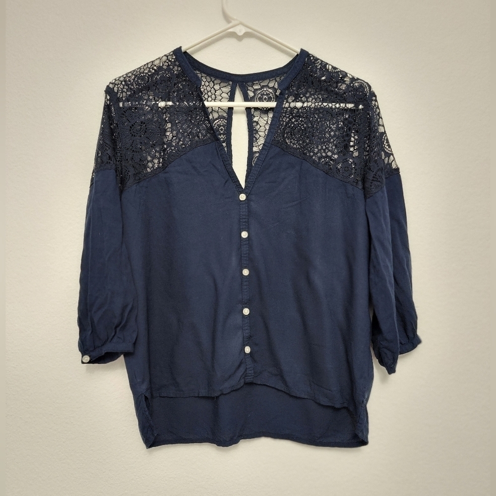 Hollister Navy Blue Lace Insert V-Neck Blouse M